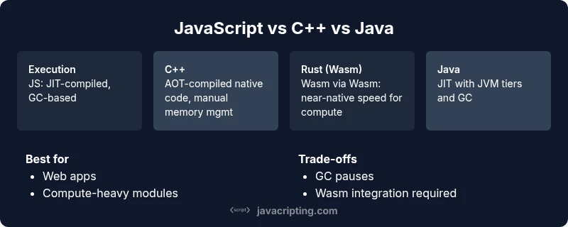 Comparison infographic showing JavaScript vs C++ vs Java execution models