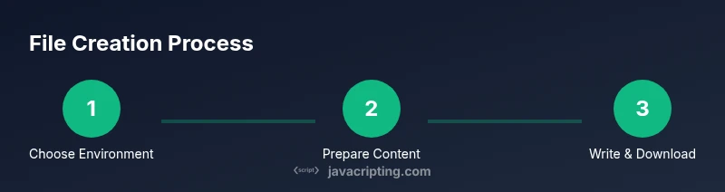 Infographic showing a three-step process to create a file in JavaScript for Node and browser