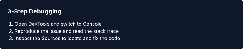 Three-step process for debugging JavaScript errors in a browser