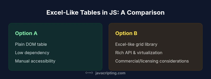 Two-column visual comparing vanilla DOM table vs Excel-like grid library in JavaScript